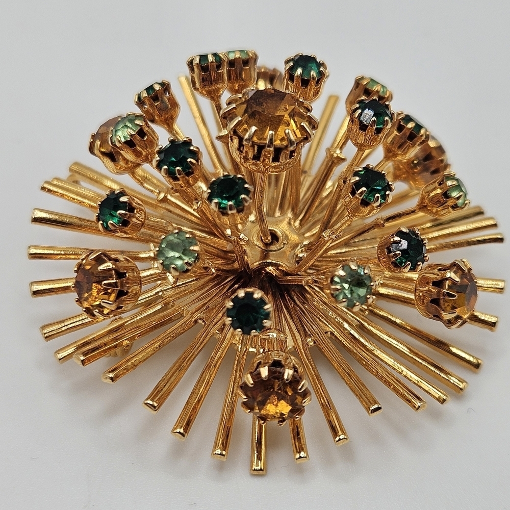 VINTAGE 3D Gold Tone Rhinestone Atomic Starburst Brooch Pin Convertible Pendant